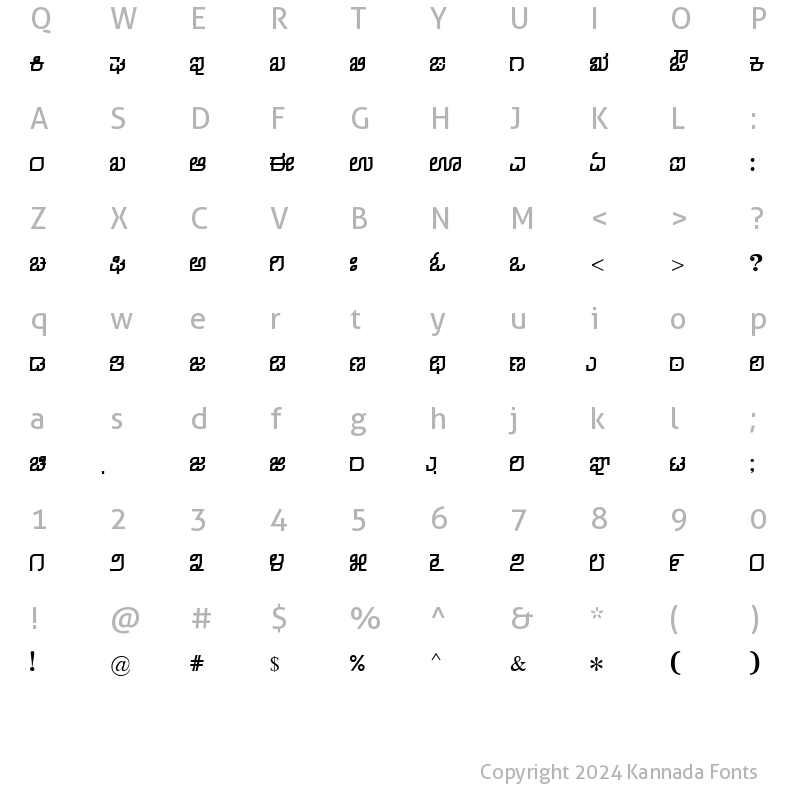 Character Map of Nudi 22 k Regular Kannada Font